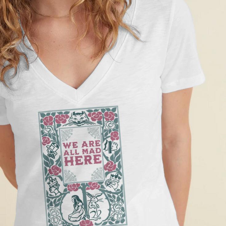 Puddin Threads Cheshire Cat Alice In Wonderland Vintage Book Adults Small Short Sleeve Classic Fit Women's Jersey Short Sleeve Deep V-Neck Tshirt