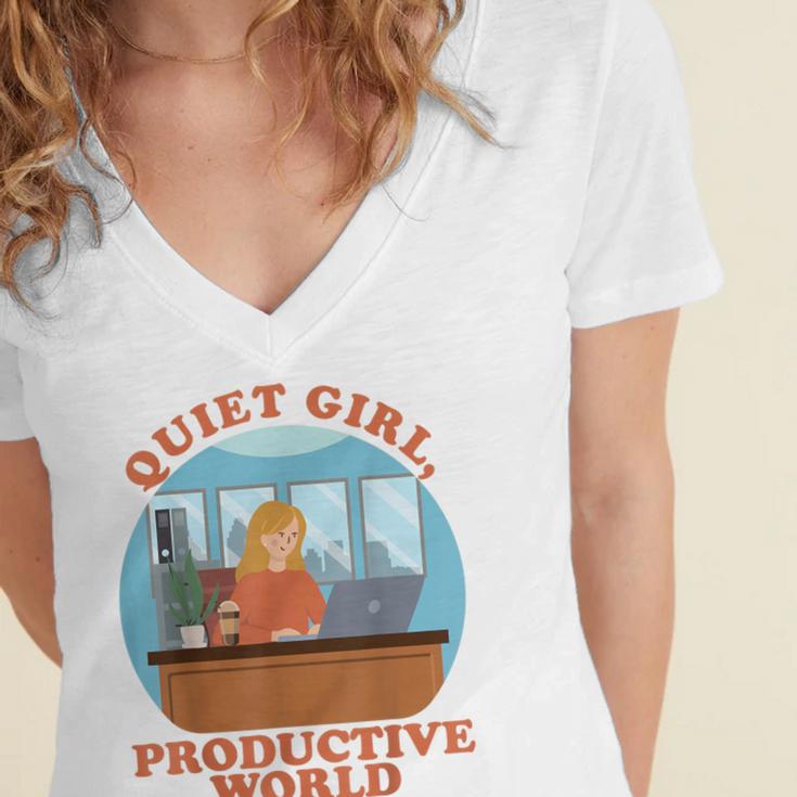 Quiet Girl Productive World Introvert Office Staff Secretary Women's Jersey Short Sleeve Deep V-Neck Tshirt Quiet Girl Productive World Introvert Office Staff Secretary Women's Jersey Short Sleeve Deep V-Neck Tshirt
