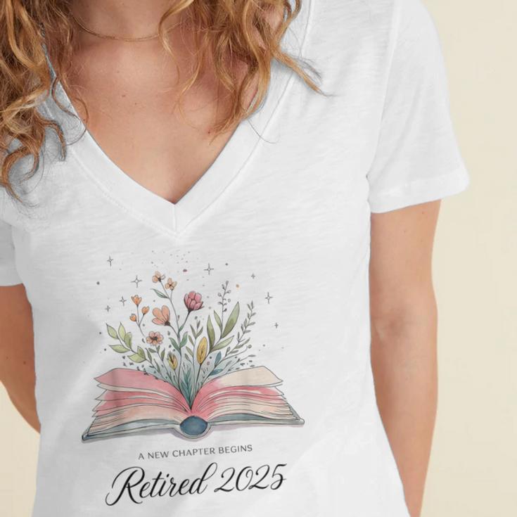 Quote New Chapter Begins Retired 2025 Floral Open Book Women's Jersey Short Sleeve Deep V-Neck Tshirt Quote New Chapter Begins Retired 2025 Floral Open Book Women's Jersey Short Sleeve Deep V-Neck Tshirt