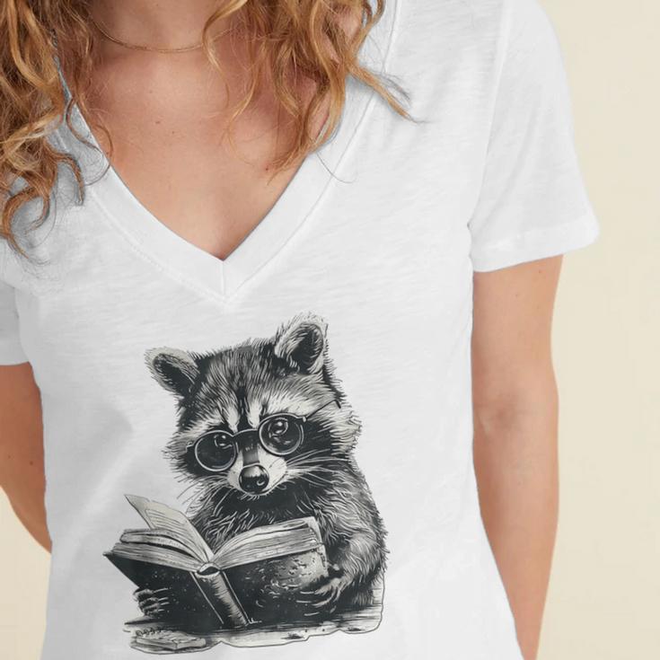 Raccoon With Book Cute Raccoons Reading Books Women's Jersey Short Sleeve Deep V-Neck Tshirt Raccoon With Book Cute Raccoons Reading Books Women's Jersey Short Sleeve Deep V-Neck Tshirt