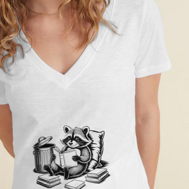 Raccoon Reading A Book Vintage Trash Reader Women's Jersey Short Sleeve Deep V-Neck Tshirt
