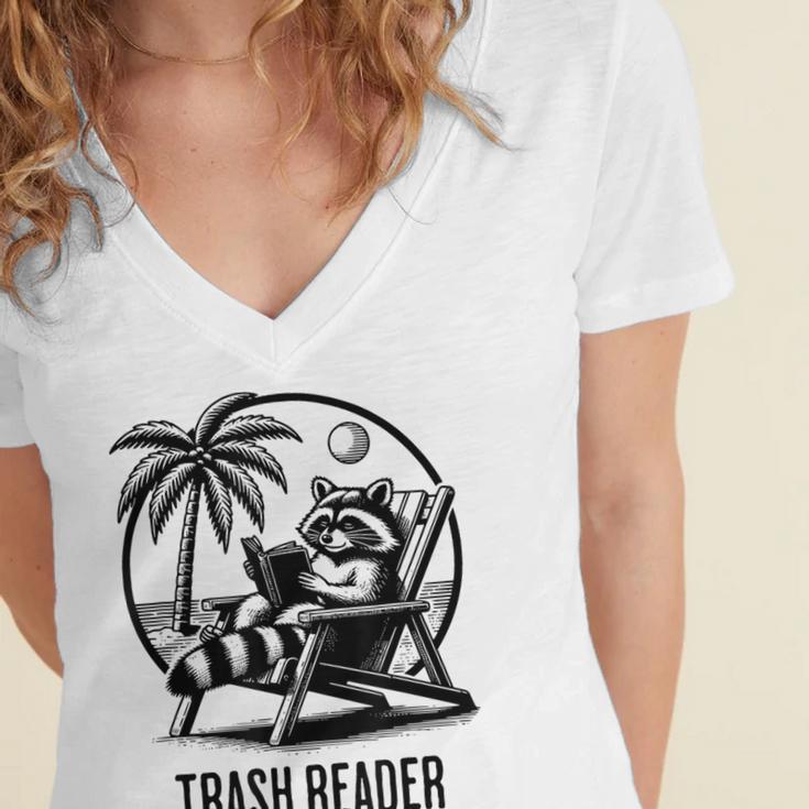 Raccoon Reading Books Summer Humor Trash Reader Women's Jersey Short Sleeve Deep V-Neck Tshirt