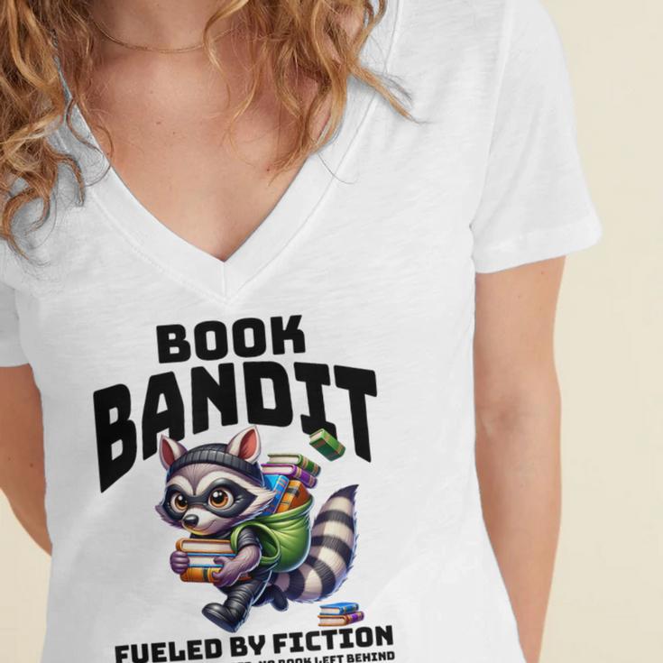 Racoon-Bookworm-Book Bandit-Fueled By Fiction Women's Jersey Short Sleeve Deep V-Neck Tshirt