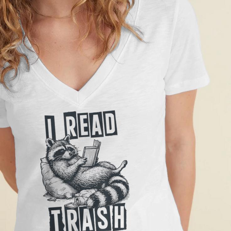 Racoon Reading Spicy Smutty Book Booktok I Read Trashy Books Women's Jersey Short Sleeve Deep V-Neck Tshirt