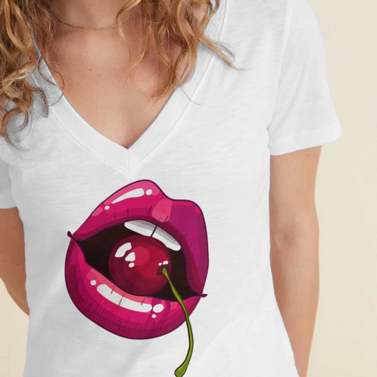 Rainbow Lips With a Cherry In The Mouth 80s Nostalgia Premium Tri-Blend Women's Jersey Short Sleeve Deep V-Neck Tshirt