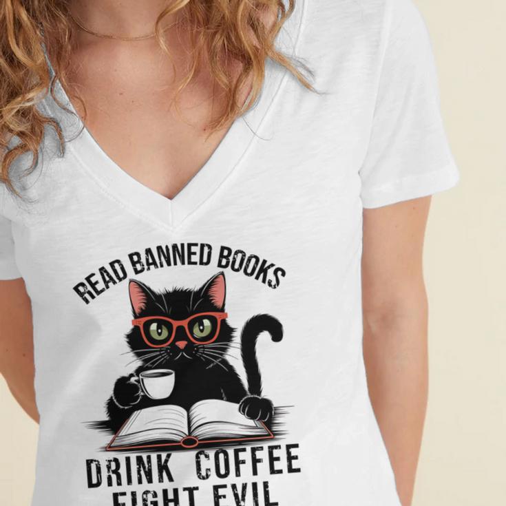 Read Banned Books Drink Coffee Fight Evil Retro Cat Women's Jersey Short Sleeve Deep V-Neck Tshirt Read Banned Books Drink Coffee Fight Evil Retro Cat Women's Jersey Short Sleeve Deep V-Neck Tshirt