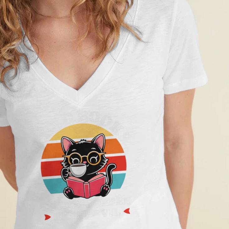 Read Books Drink Coffee Fight Evil Cat Premium Women's Jersey Short Sleeve Deep V-Neck Tshirt