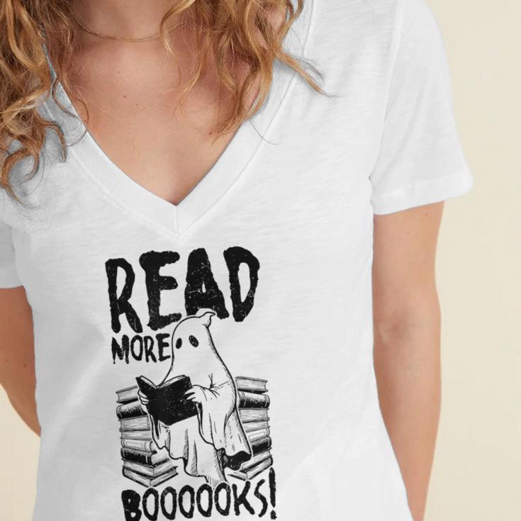 Read More Books Ghost Halloween Reading Teacher Literacy Women's Jersey Short Sleeve Deep V-Neck Tshirt