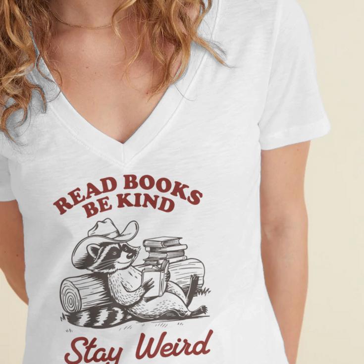 Read Books Be Kind Stay Weird Bookish Cowboy Reading Raccoon Women's Jersey Short Sleeve Deep V-Neck Tshirt