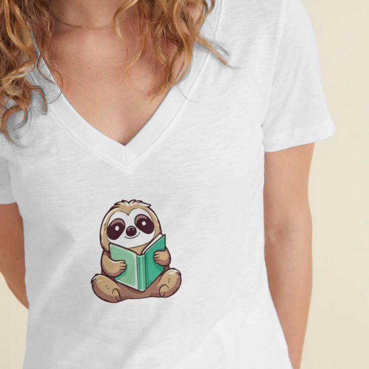 I Read Past My Bedtime Reading Sloth Book Lover Women's Jersey Short Sleeve Deep V-Neck Tshirt