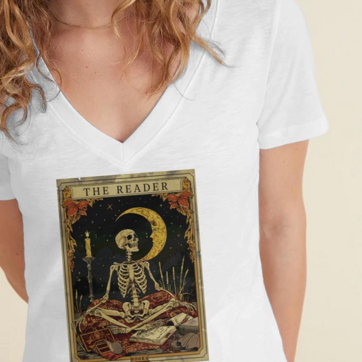 The Reader Tarot Card Book Lover Skeleton Art Goth Style Women's Jersey Short Sleeve Deep V-Neck Tshirt