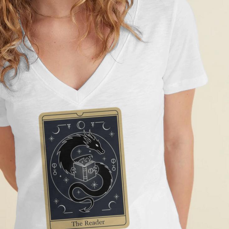 The Reader Tarot Card Mystic Dragon Book Magic Women's Jersey Short Sleeve Deep V-Neck Tshirt The Reader Tarot Card Mystic Dragon Book Magic Women's Jersey Short Sleeve Deep V-Neck Tshirt