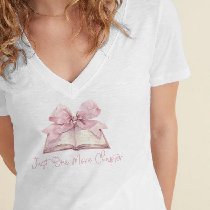 Reading Books Mom Mothers Day Coquette Pink Bow Book Lovers Women's Jersey Short Sleeve Deep V-Neck Tshirt