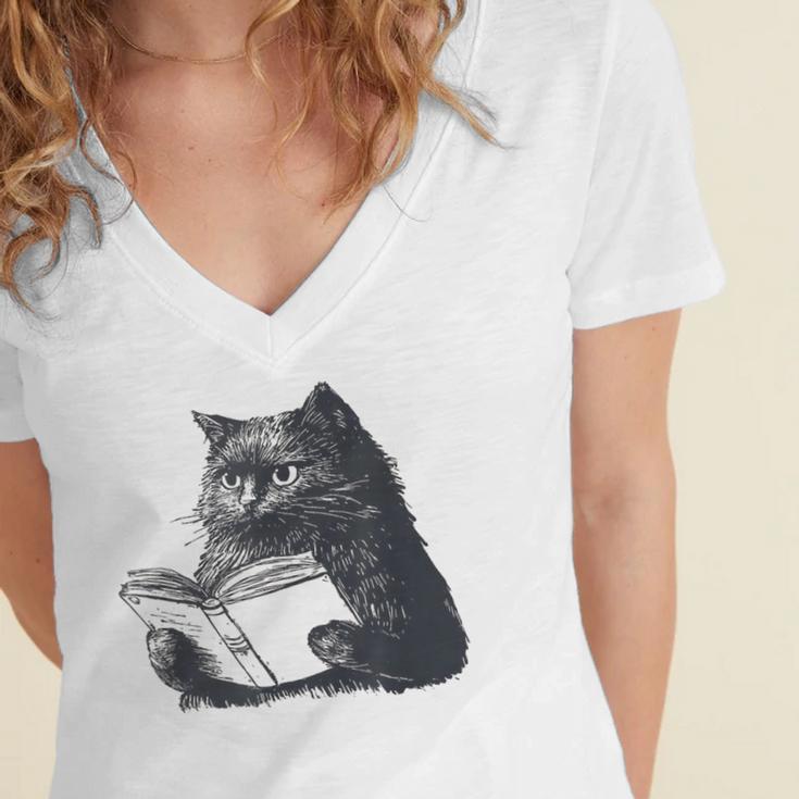 Reading Cat Cat Book Lover Women's Jersey Short Sleeve Deep V-Neck Tshirt Reading Cat Cat Book Lover Women's Jersey Short Sleeve Deep V-Neck Tshirt