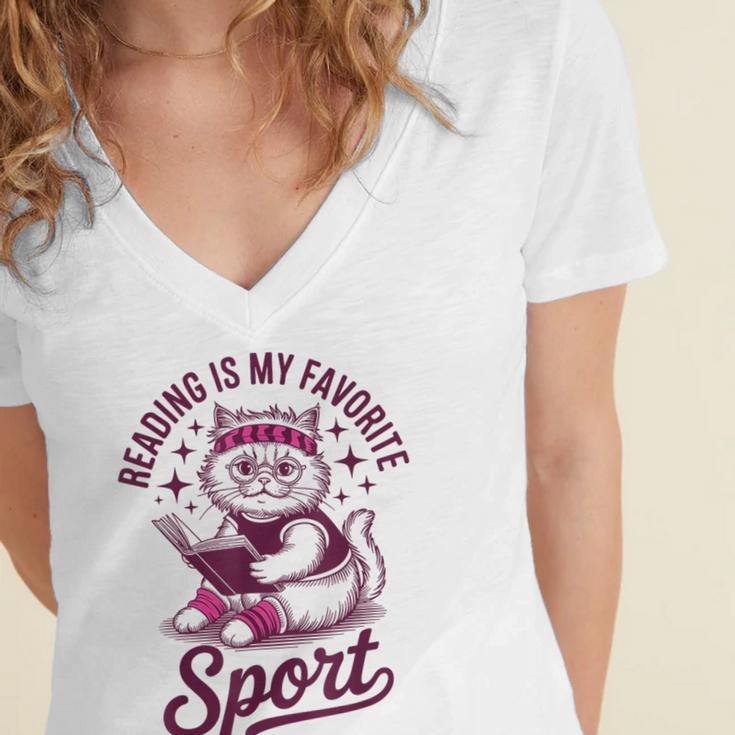 Reading Is My Favorite Sport Cat And Book Lover Women Women's Jersey Short Sleeve Deep V-Neck Tshirt