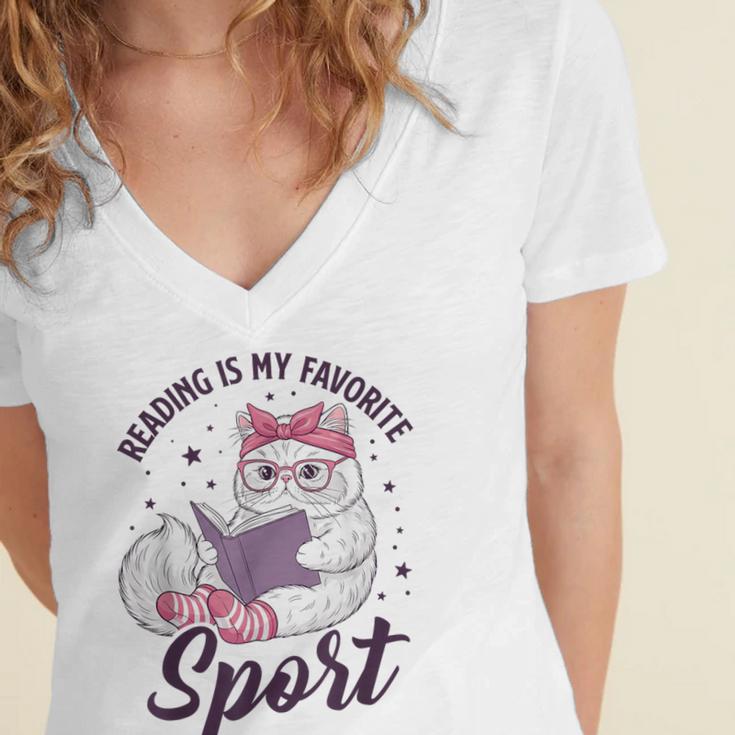 Reading Is My Favorite Sport Saying Cat And Book Lover Women's Jersey Short Sleeve Deep V-Neck Tshirt Reading Is My Favorite Sport Saying Cat And Book Lover Women's Jersey Short Sleeve Deep V-Neck Tshirt