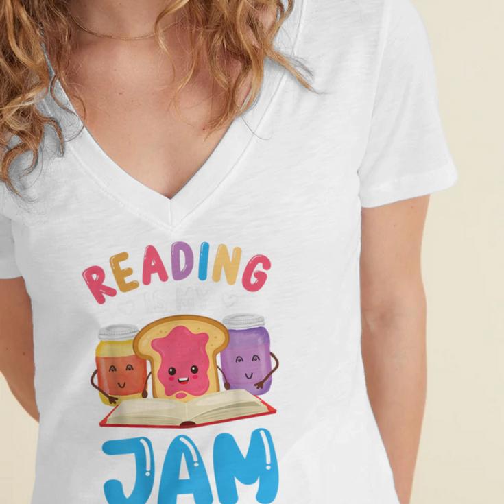 Reading Is My Jam I Love To Read Books Boy Girl Women's Jersey Short Sleeve Deep V-Neck Tshirt