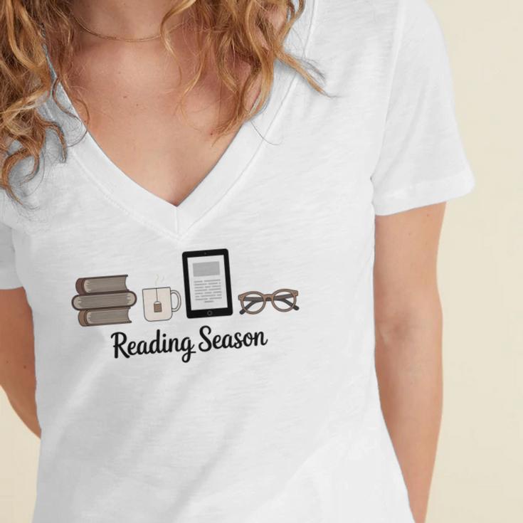 Reading Season Book Lover Librarian Cozy Bookworm Women's Jersey Short Sleeve Deep V-Neck Tshirt Reading Season Book Lover Librarian Cozy Bookworm Women's Jersey Short Sleeve Deep V-Neck Tshirt