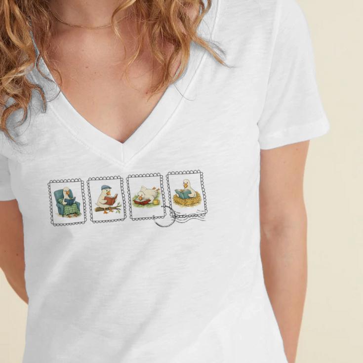 Reading Silly Goose Teacher Bookish Librarian Book Lover Women's Jersey Short Sleeve Deep V-Neck Tshirt