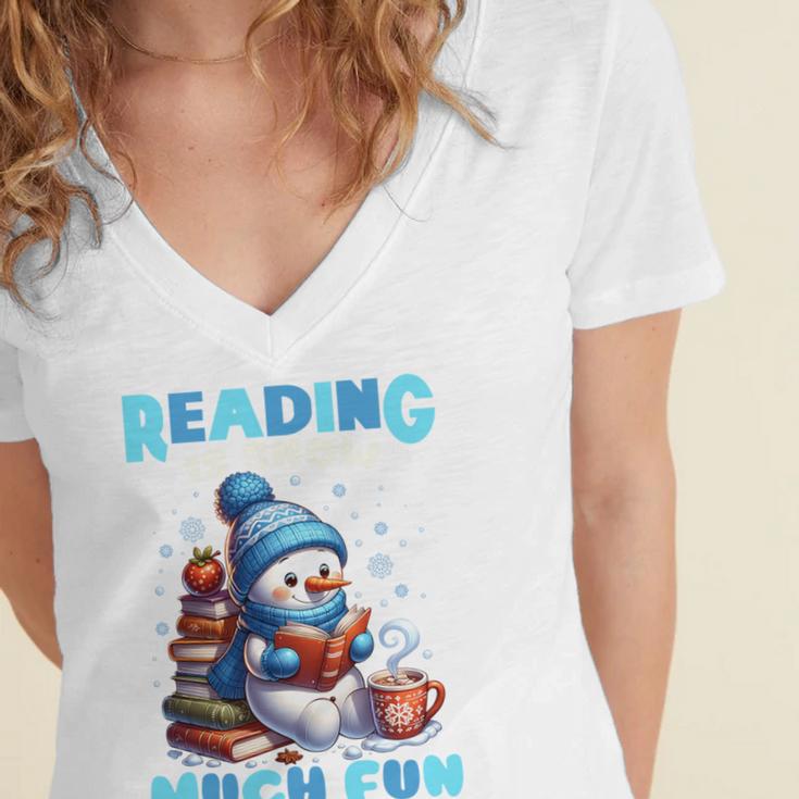 Reading Is Snow Much Fun Christmas Xmas Book Reading Women's Jersey Short Sleeve Deep V-Neck Tshirt
