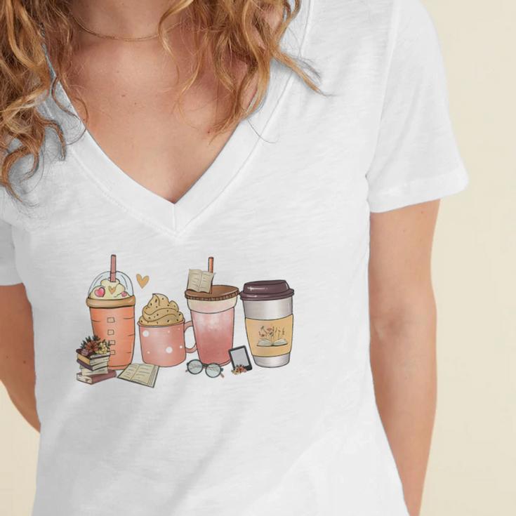 Reading Tea Coffee And Books Women's Jersey Short Sleeve Deep V-Neck Tshirt Reading Tea Coffee And Books Women's Jersey Short Sleeve Deep V-Neck Tshirt