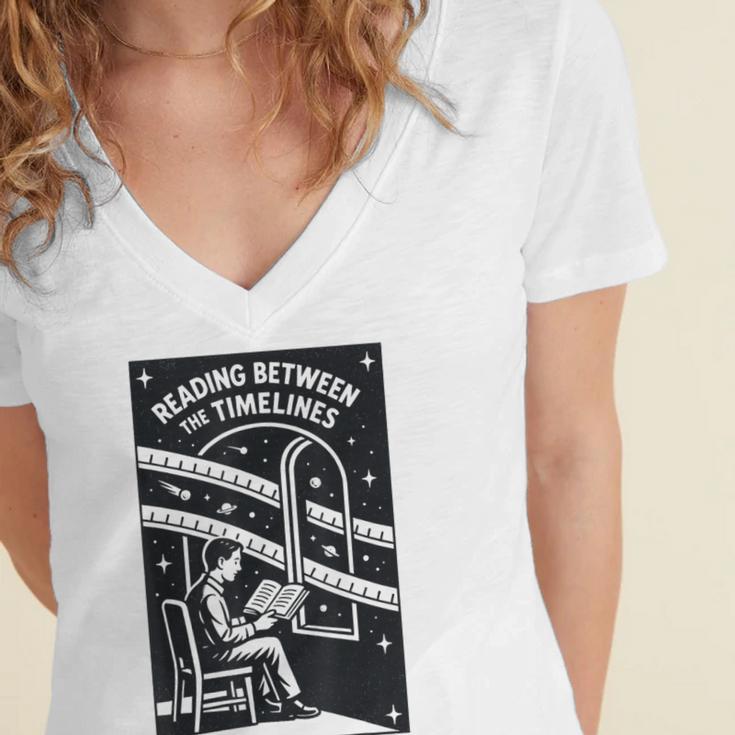 Reading Between The Timelines Time Travel Books Women's Jersey Short Sleeve Deep V-Neck Tshirt