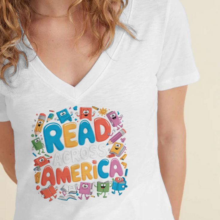 Reads Across Tee America Reading Teacher Books Reader Kids Women's Jersey Short Sleeve Deep V-Neck Tshirt