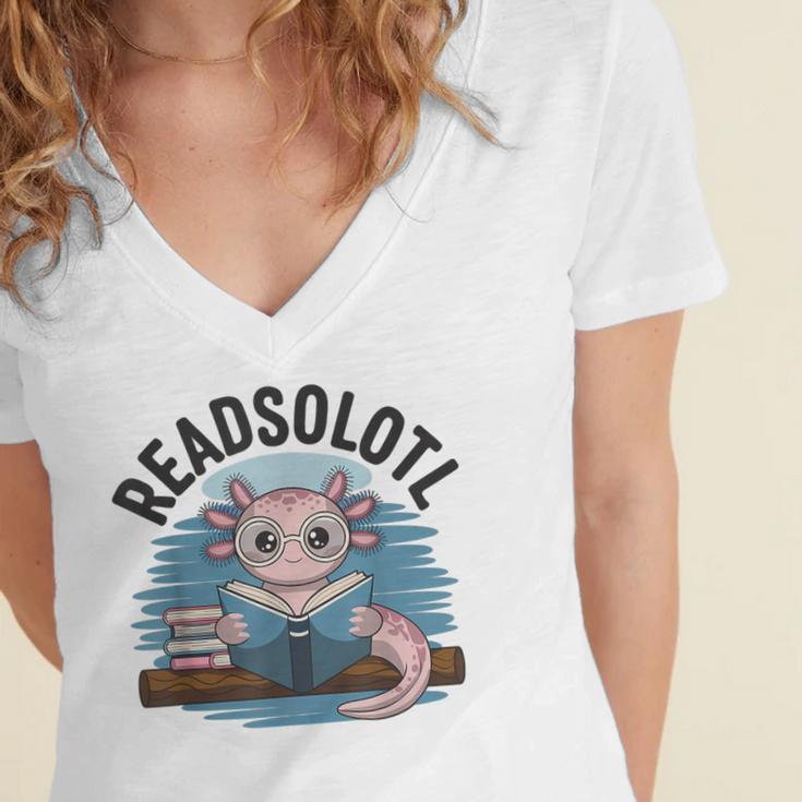 Readsolotl Book Lover Reading Axolotl Kids Reader Women's Jersey Short Sleeve Deep V-Neck Tshirt