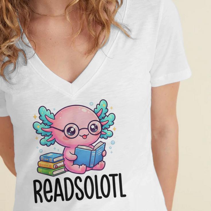 Readsolotl Cute Axolotl Reading Book Kawaii Pink Aesthetic Women's Jersey Short Sleeve Deep V-Neck Tshirt
