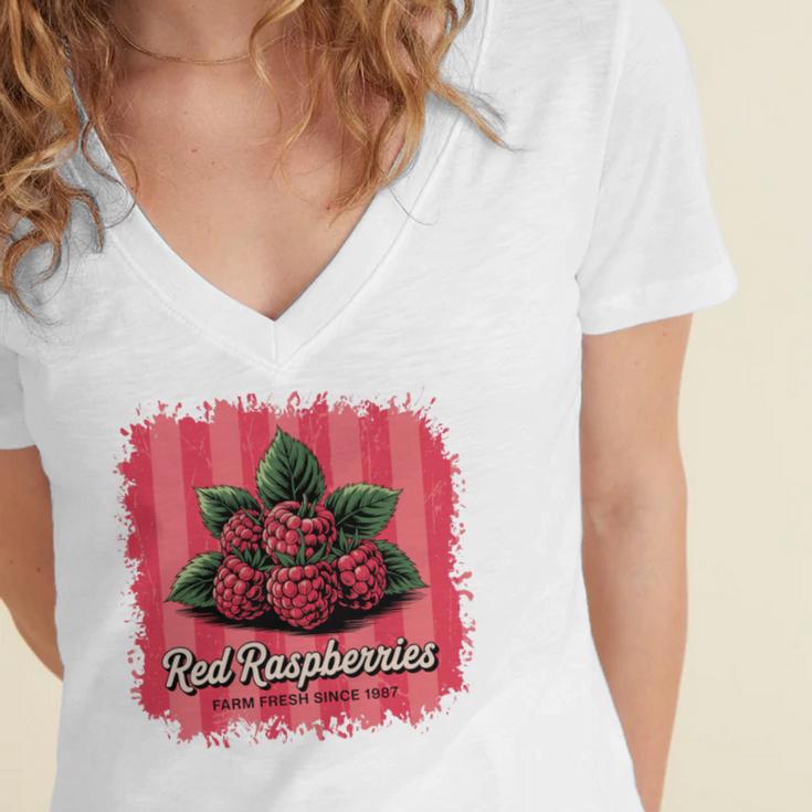 Red Raspberries Farm Fresh Since 1987 Nostalgia Women's Jersey Short Sleeve Deep V-Neck Tshirt Red Raspberries Farm Fresh Since 1987 Nostalgia Women's Jersey Short Sleeve Deep V-Neck Tshirt