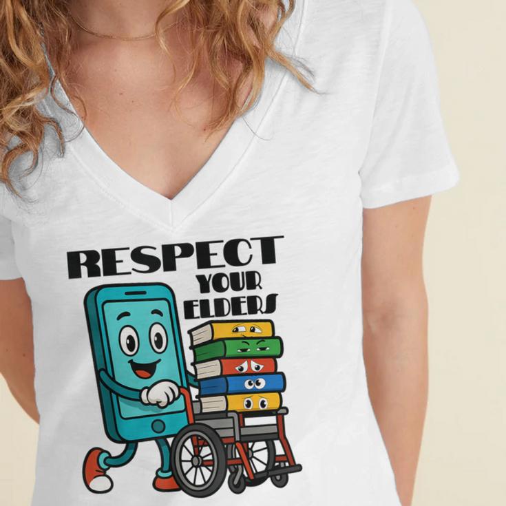 Respect Elders Cellphone Pushing Books In a Wheelchair Women's Jersey Short Sleeve Deep V-Neck Tshirt
