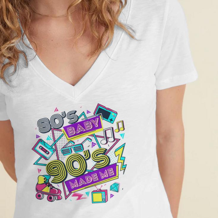 Retro 1980s 80's Baby 1990s 90's Made Me Vaporwave Nostalgia Women's Jersey Short Sleeve Deep V-Neck Tshirt
