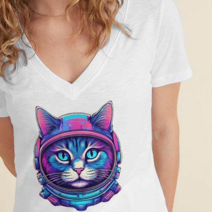 Retro 80s Cat In Space Suit Nostalgia Cat Vintage Astronaut Women's Jersey Short Sleeve Deep V-Neck Tshirt