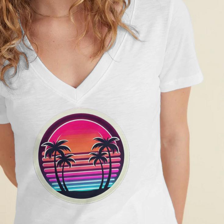 Retro 80s Synthwave Sunset & Palm Trees Retro Nostalgia 80s Women's Jersey Short Sleeve Deep V-Neck Tshirt Retro 80s Synthwave Sunset & Palm Trees Retro Nostalgia 80s Women's Jersey Short Sleeve Deep V-Neck Tshirt
