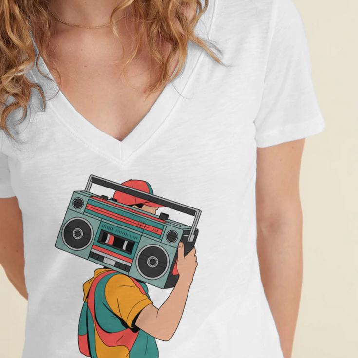 Retro 90s Boombox Nostalgia Party For Music Lovers Men Women Women's Jersey Short Sleeve Deep V-Neck Tshirt
