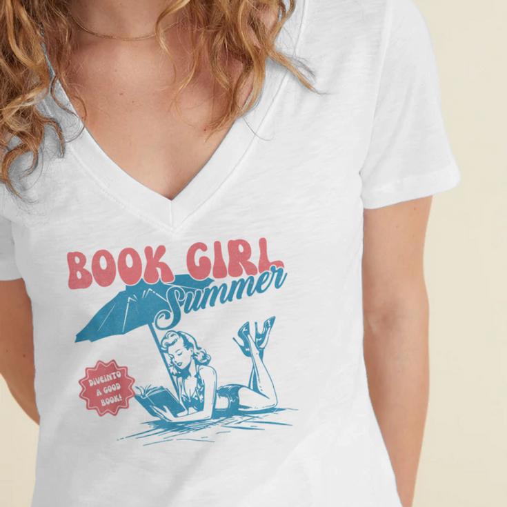 Retro Book Girl Summer Beach Vacation For Book Lover Women's Jersey Short Sleeve Deep V-Neck Tshirt