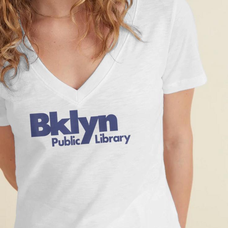 Retro Brooklyn Public Library NY New York Book Lover Women's Jersey Short Sleeve Deep V-Neck Tshirt