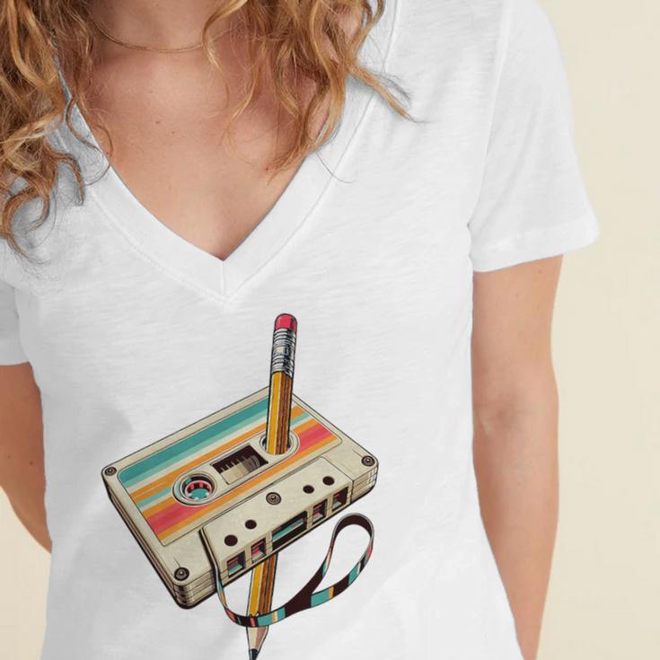 Retro Cassette Tape & Pencil Rewind Nostalgia Party 80s 90s Premium Women's Jersey Short Sleeve Deep V-Neck Tshirt Retro Cassette Tape & Pencil Rewind Nostalgia Party 80s 90s Premium Women's Jersey Short Sleeve Deep V-Neck Tshirt