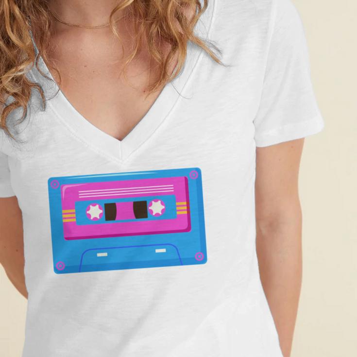 Retro Cassette Tape Tee 90s Nostalgia Aesthetic Women's Jersey Short Sleeve Deep V-Neck Tshirt