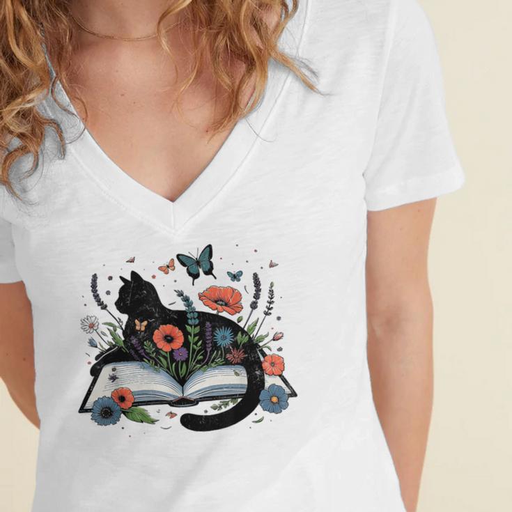 Retro Cute Cat Floral Book Librarian Vintage Floral Cat Book Women's Jersey Short Sleeve Deep V-Neck Tshirt