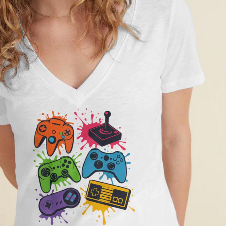 Retro Gamer Controller 80s 90s Video Game Arcade Nostalgia Women's Jersey Short Sleeve Deep V-Neck Tshirt