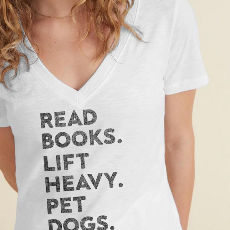 Retro Gym Book Lover Read Books Lift Heavy Pet Dogs Women's Jersey Short Sleeve Deep V-Neck Tshirt