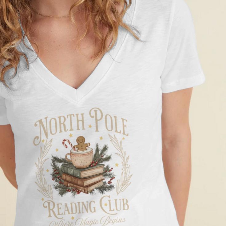 Retro North Pole Reading Club Hot Cocoa Book Lovers Xmas Women's Jersey Short Sleeve Deep V-Neck Tshirt Retro North Pole Reading Club Hot Cocoa Book Lovers Xmas Women's Jersey Short Sleeve Deep V-Neck Tshirt