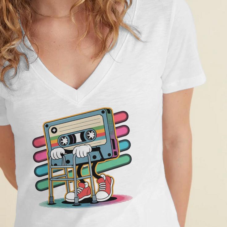 Retro Old Cassette Tape Cartoon With Walker Nostalgia Premium Tri-Blend Women's Jersey Short Sleeve Deep V-Neck Tshirt