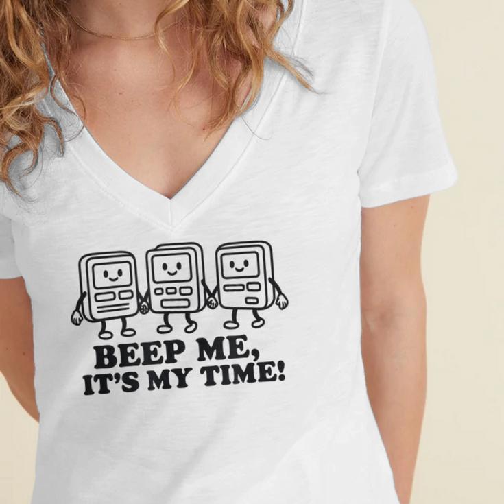 Retro Pager Squad Minimalist Monochrome Cartoon Nostalgia Women's Jersey Short Sleeve Deep V-Neck Tshirt