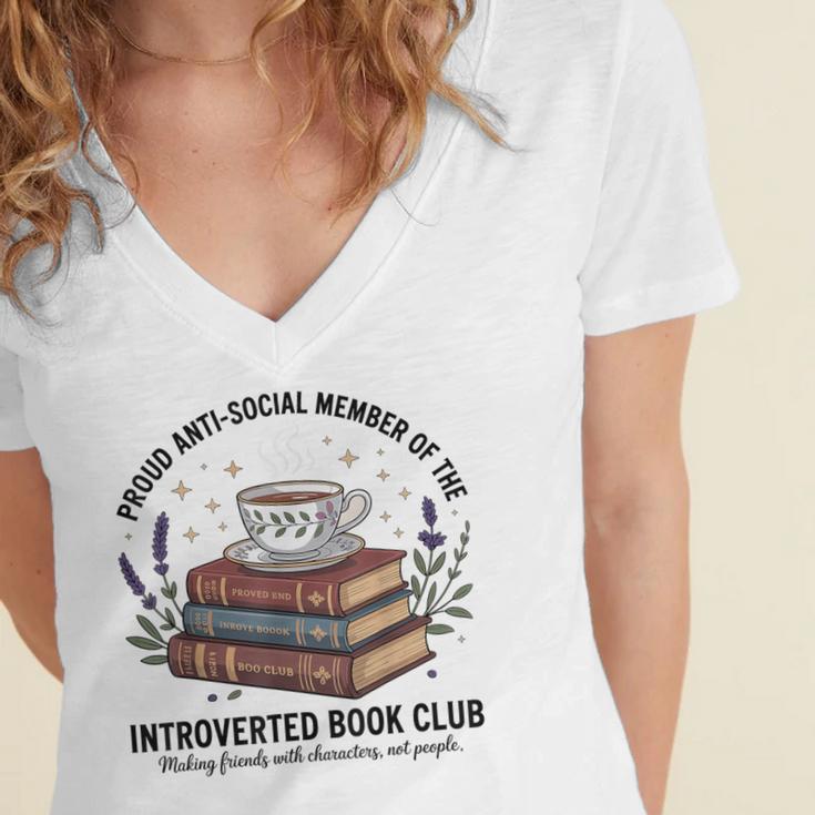 Retro Proud Introverted Book Club Anti Social Reader Women's Jersey Short Sleeve Deep V-Neck Tshirt