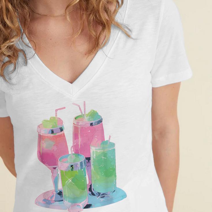Retro Soft Drinks 80s 90s Nostalgia Cute Anime Aesthetic Tee Women's Jersey Short Sleeve Deep V-Neck Tshirt