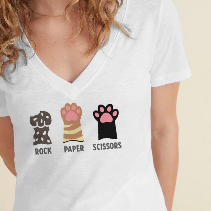 Rock Paper Scissors Hand Game Cute Paw Cat Introvert Women's Jersey Short Sleeve Deep V-Neck Tshirt