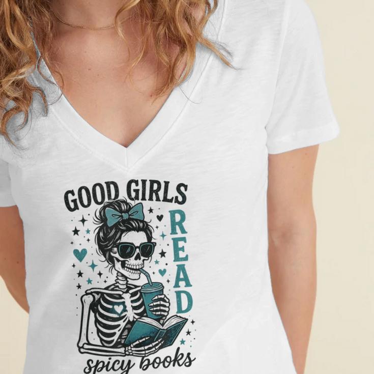 Romance Reader Good Girls Read Spicy Books Halloween Costume Women's Jersey Short Sleeve Deep V-Neck Tshirt Romance Reader Good Girls Read Spicy Books Halloween Costume Women's Jersey Short Sleeve Deep V-Neck Tshirt