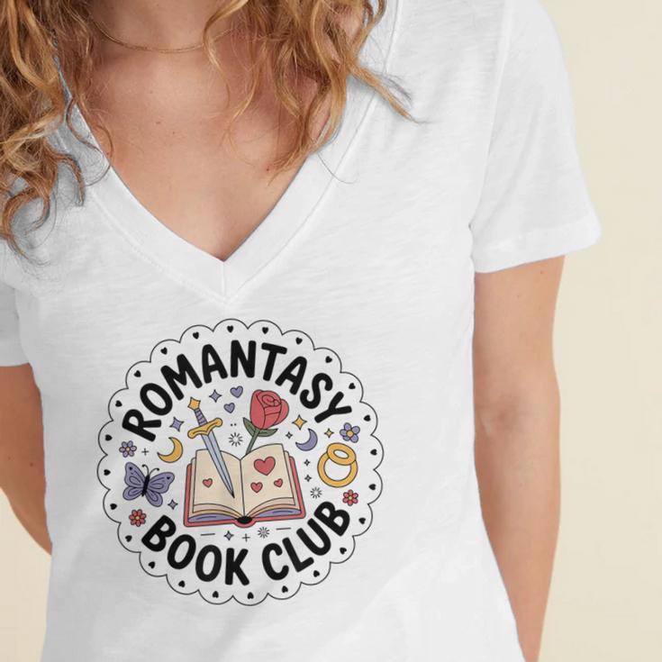 Romantasy Book Club Romance Fantasy Book Lover Tee Women's Jersey Short Sleeve Deep V-Neck Tshirt